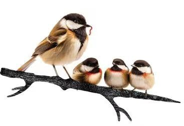 Chickadee and chicks fence post stake – metal mother bird with three chicks on steel branch