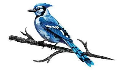 Blue jay tree and fence post stake – laser-cut metal bird with blue and white plumage on steel branch