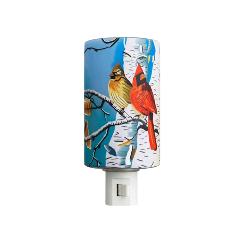 Claymaster cardinals nightlight – handcrafted glass with male and female cardinal on birch trunk