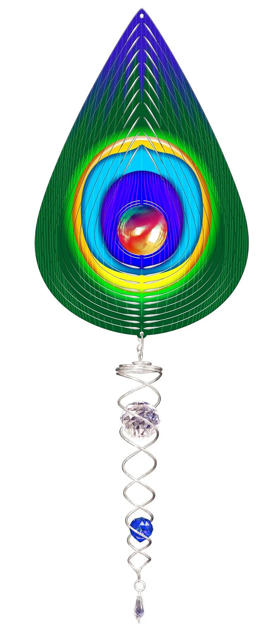 DELUXE SMALL GAZING PEACOCK TEARDROP w/CRYSTAL TWISTER