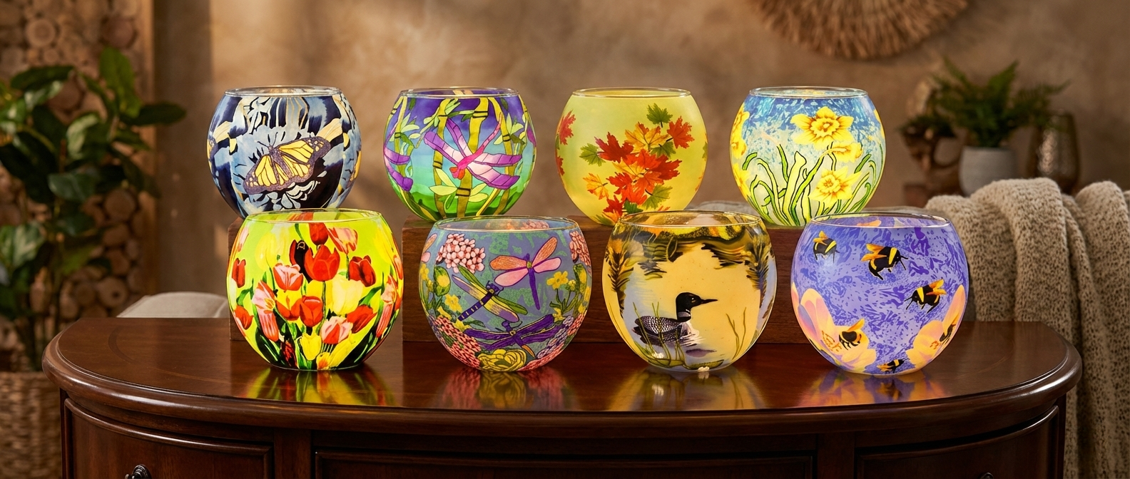 Set of colorful glass light globes on a wooden surface with a blurred background