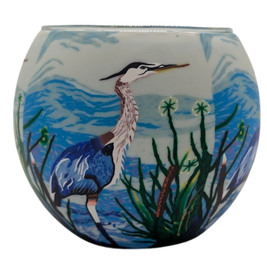 Great Blue Heron light globe glowing on LED base bundle