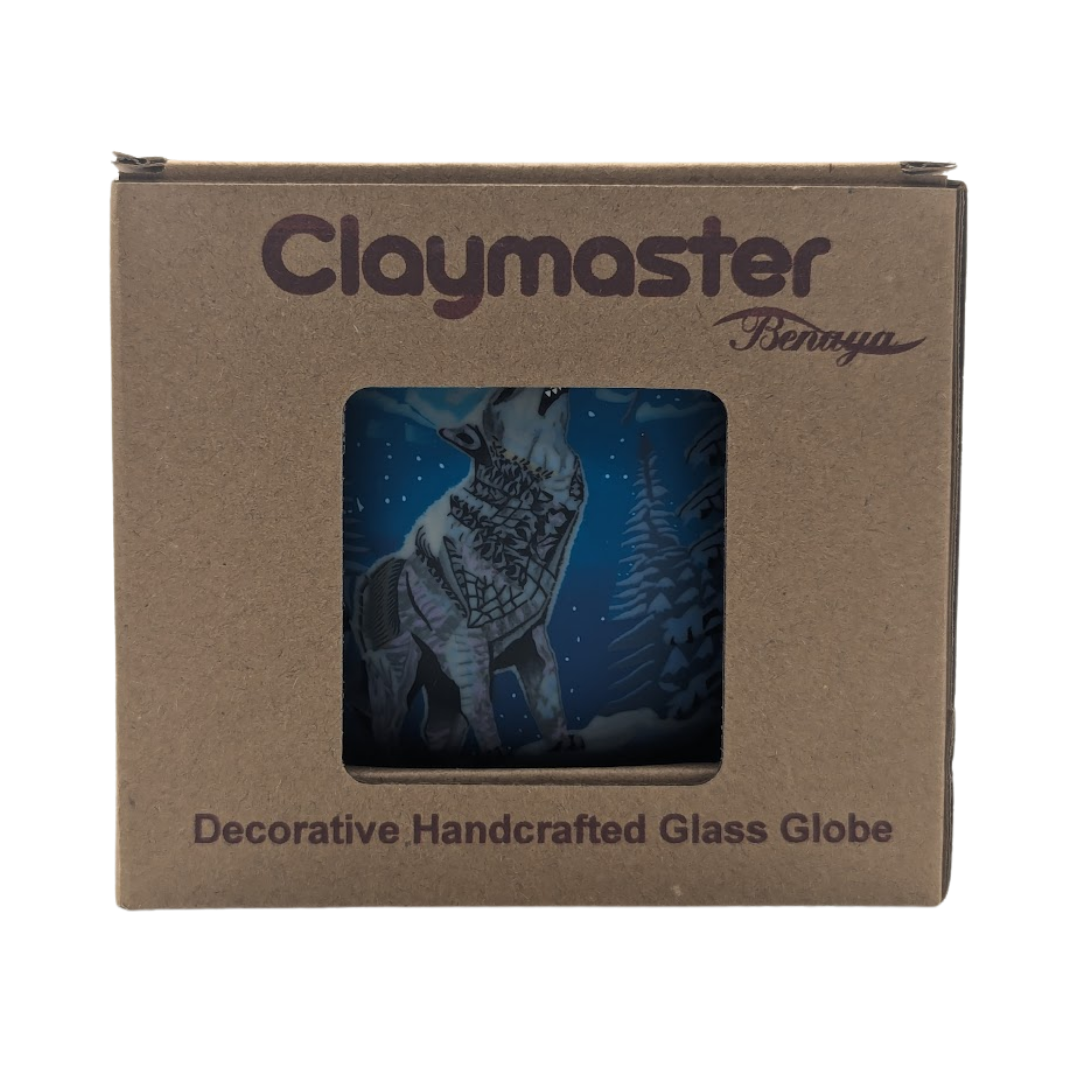 Claymaster branded box with a decorative glass globe featuring a wolf design.