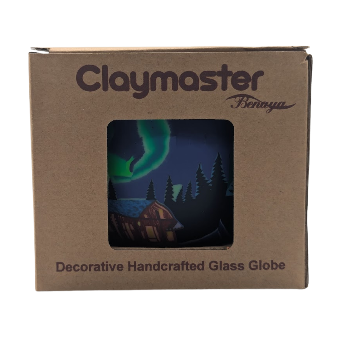 Claymaster decorative glass globe packaging with a scenic design.