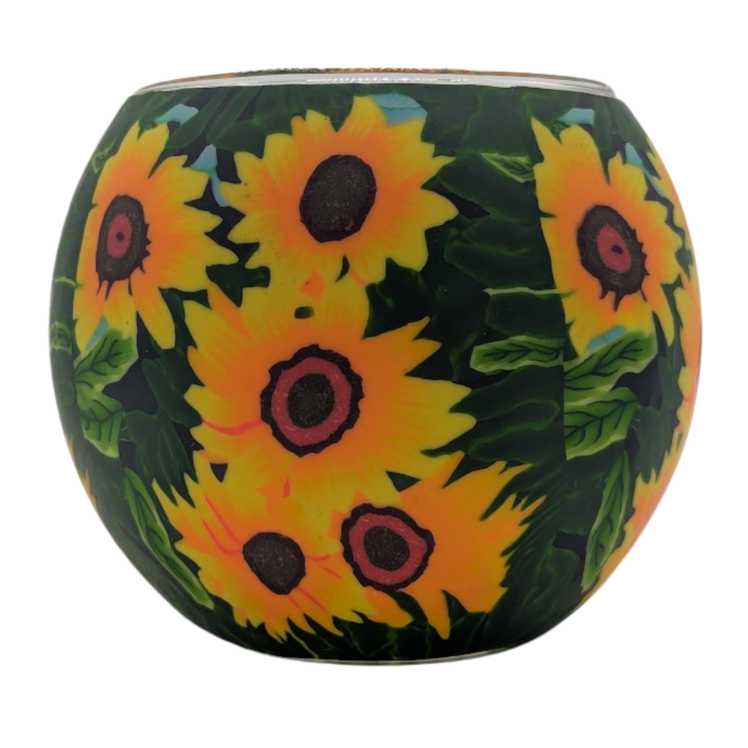 Decorative globe with sunflower pattern on a white background