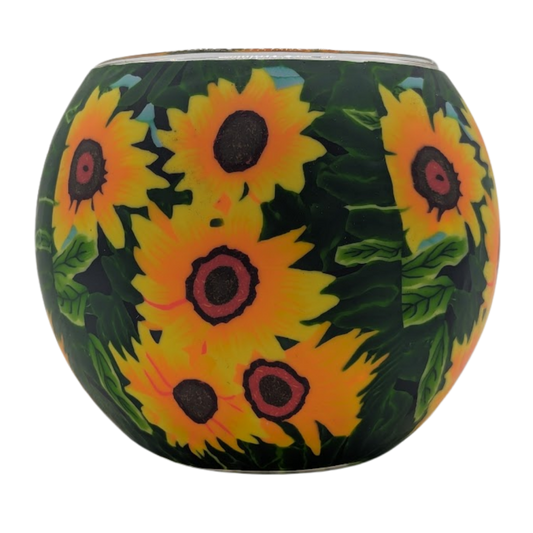 Decorative globe with sunflower pattern on a white background