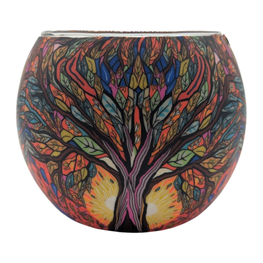Colorful tree-of-life design on a round glass globe