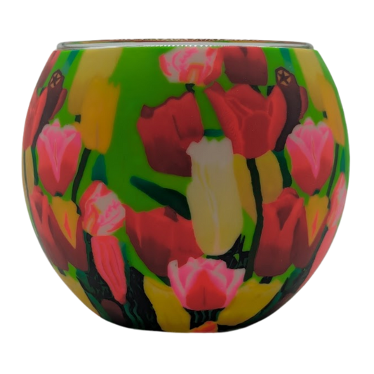 Colorful tulip-patterned globe on a white background